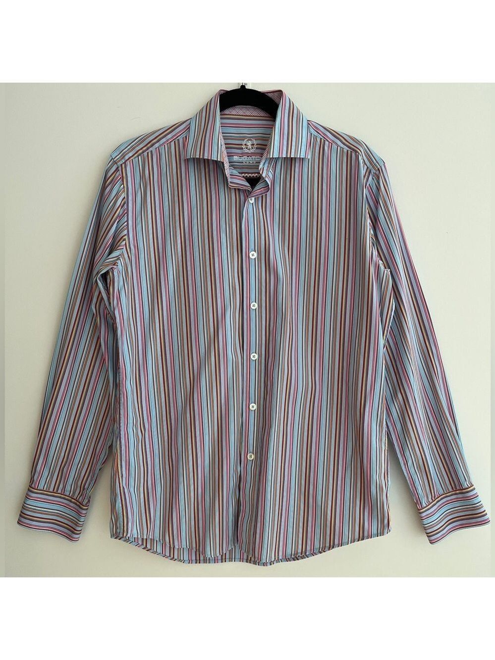 BUGATCHI Shaped Fit Stripe Colourful Contrast Cuff Long Sleeve Button Down Shirt